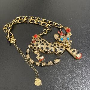 Betsey Johnson Critter Leopard Queen Rhinestone Necklace Rare 15”